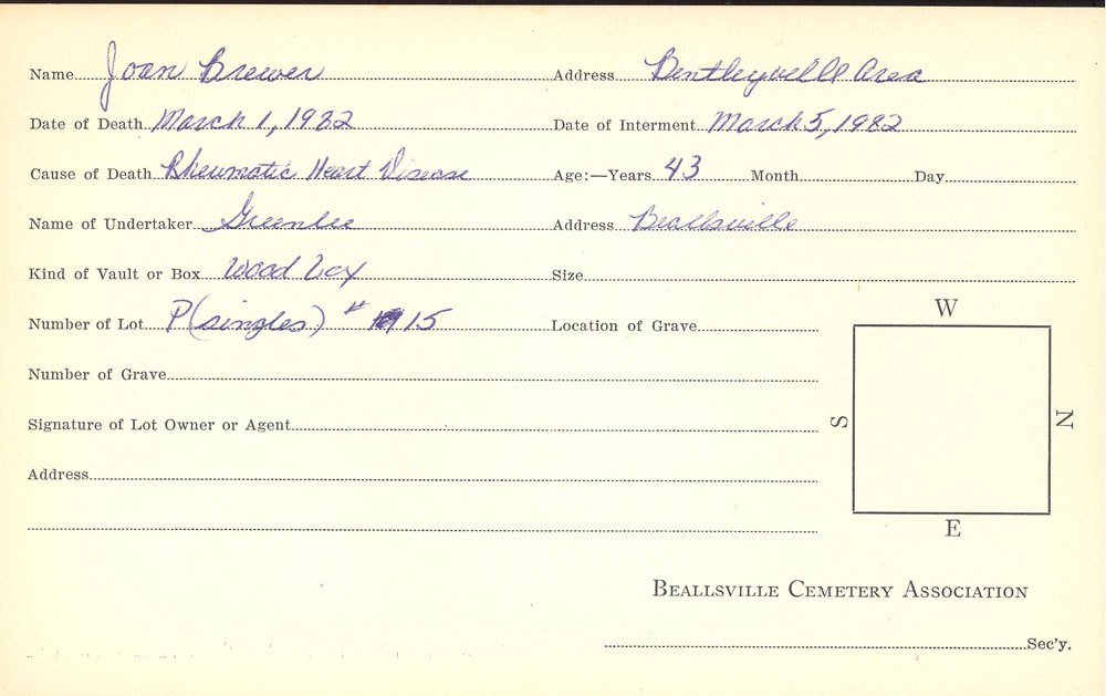 Joan Brewer burial card